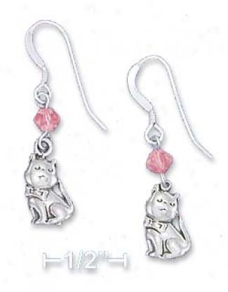 Sterling Silver Antiqued Cat Earrings Pink Swarovski Xtal