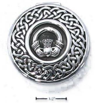 Sterling White Antiqued Claddaugh Pill Box Celtic Border