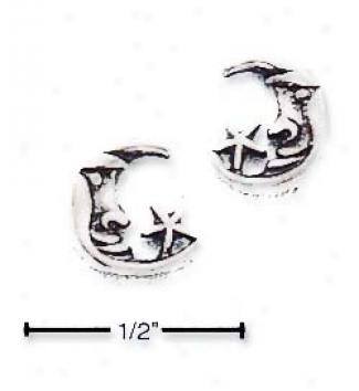 Sterling Silver Antiqued Crescent Moon Star Post Earrings