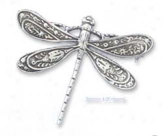 Sterling Silver Antiqued Dragonfly Floral Design Wings Pin