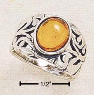 Sterling Silver Antiqued Filigree Ring 9x7 Oval Amber Stone