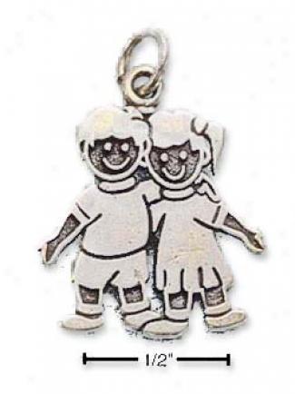 Sterling Silver Antiqued Flat Girl And Boy Charm