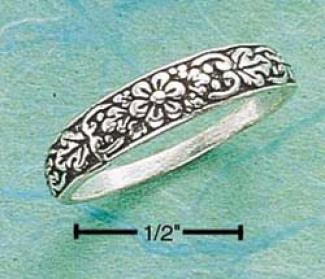 Sterling Silver Antiqued Flower With Leaves Band Ring