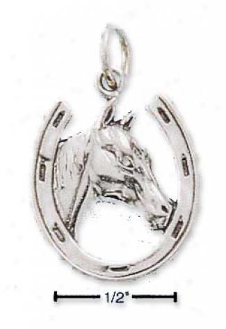 Stsrling Silver Antiqued Horseshoe With Horse Head Charm