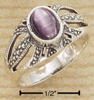 Sterling Silver Antiquedd Open Burst Oval Purple Cat Eye Ring