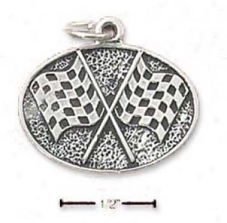 Sterling Soft and clear  Antiqued Oval Checkered Flags Charm
