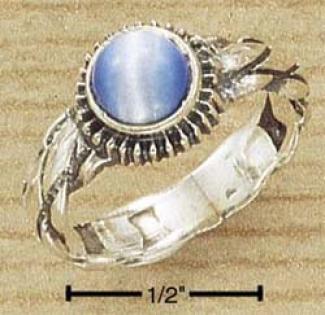 Sterling Silver Atiqued Rope Ring Round Blue Cat Eye Ring