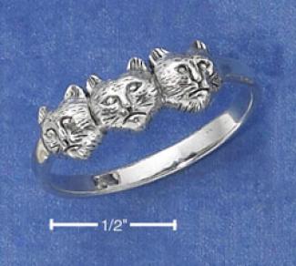 Sterlimg Silver Antiqued Triple Caat Head Ring (nickel Free)