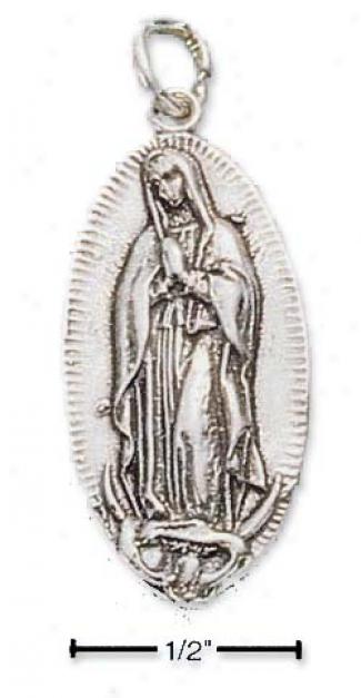 Sterling Silver Antiqued Virgin Mary On Oval Disk