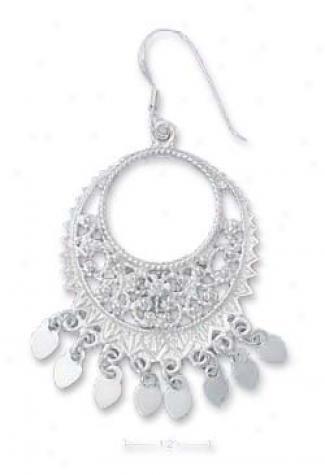 Sterling Silver Bali Filigree Circle Earrings Heart Fringe