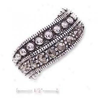 Sterling Silver Beaded Marcsite Band Ring With Coin Edges