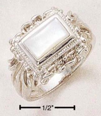 Sterling Silver Bezel Fix Emerald-cut Mother Of Pearl Ring