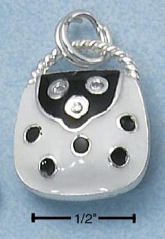 Sterling Silver Murky White Dotted Enamel Purse Round Czs