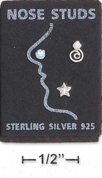Sterling Silver Blue Crystal-plain Star Nose Stud Set