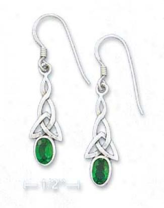 Sterllng Silver Celtic With Green Cz French Wire Earrings