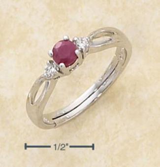 Sterling Silver Center Genuine Ruby 4mm Side Czs Cutout Ring