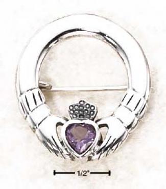 St3rling Silver Claddaugh Pin With Heart Amethyst