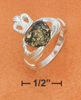 Sterling Silver Claddaugh With Green Amber Heart Center Ring
