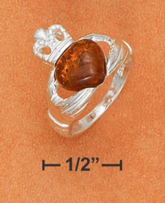 Sterling Silver Claddaugh With Honey Amber Heart Center Ring