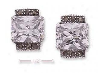 Sterling Silver Clear Cz Post Earrings With Marcasite Sides