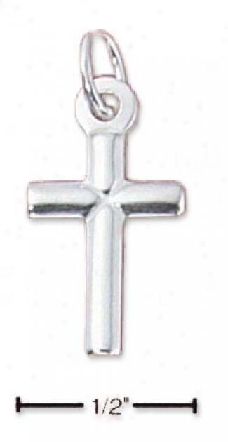 Sterling Silver Convex Cross With Lines To Center Charm