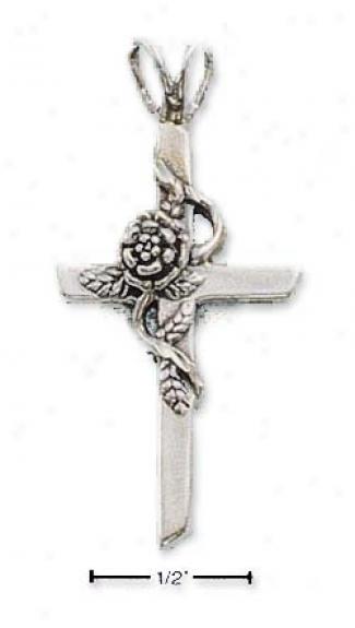 Sterling Silver Cross With Single Wrapped Rose Charm