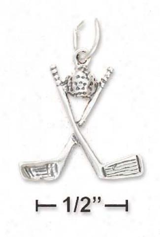 Sterling Silver Crossed Golf Clubs Ball Charm (appr. 1 Inch)