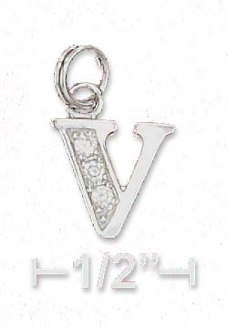 Sterling Silver Cz Alpabet Charm Letter V - 3/8 Inch