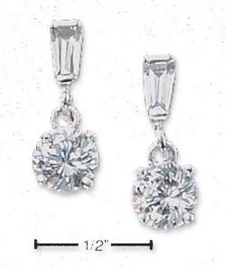 Sterling Silver Cz Baguette Post Earrings With 6mm Cz Fawn