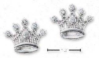 Sterling Silver Cz Crown Post Earrings