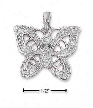 Sterlinng Silver Cz Filigree Butterfly Pendant