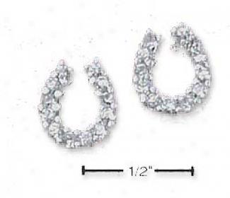 Sterling Silver Cz Horseshoe Post Earrints