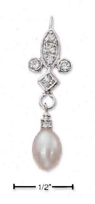 Sterling Silver Cz Leverback Earring With Pearl Dangle