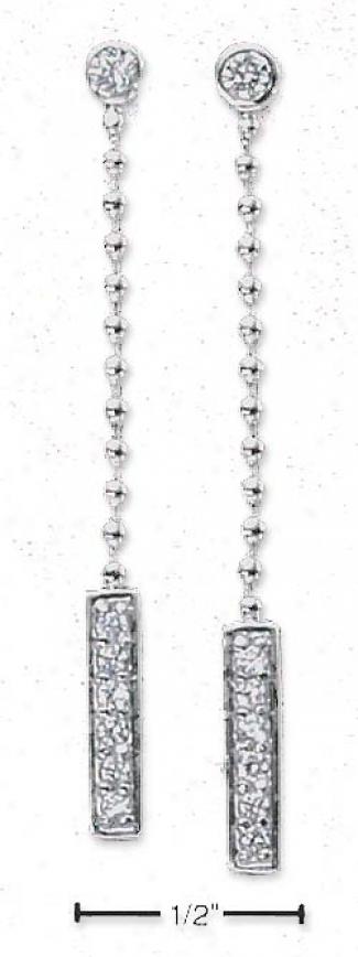 Sterling Silver Cz Post Earrings Bead Chain Dangle Cz Bar