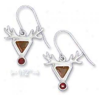 Sterling Silvrr Cz Reihdeer Red Nose French Wire Earrings