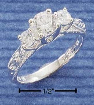 Sterling Silver Cz With Double Side Cz And Etched Band Ring