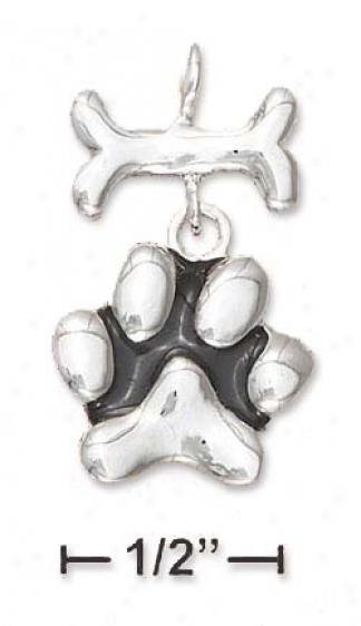 Sterling Silver Dog Bone aDngling Paw-print Charm