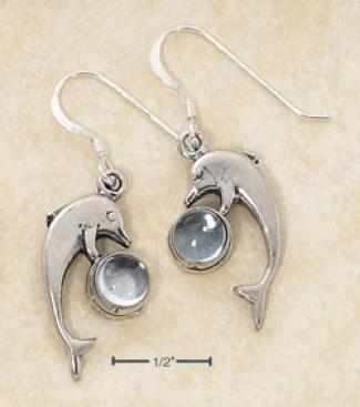 Sterling Silver Dolphin Blue Topaz Cabs French Wire Earrings