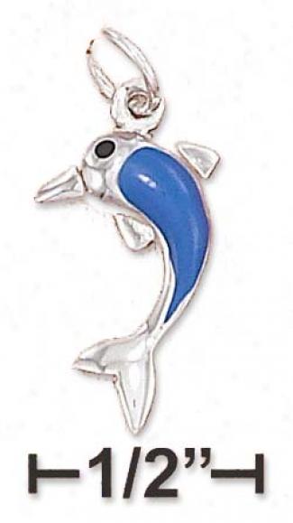 Sterling Silver Dolphin Charm Medium Blue Enamel Highlights