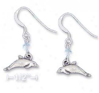Sterling Silver Dolphin Earrings With Blue Swarovski Xtal