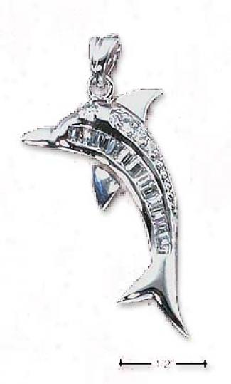 Sterling Silver Dolphin Pendant Round Bahuette Clear Czs
