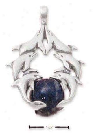Sterling Silver Dolphin Pod With Lapis Ball Pendant