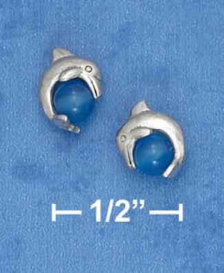 Sterling Silver Dolphin Post Earrings With Blue Agate Stone