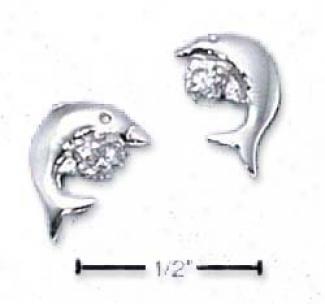 Sterling Silver Dolphin With Cz Mini-post Earrings