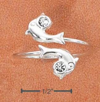 Sterling Silver Double Dolphin Clear Cr6stals Fold Toe Ring