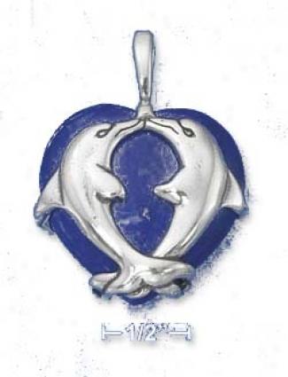 Sterling Silver Double Dolphins On 25mm Blue Howlite Heart