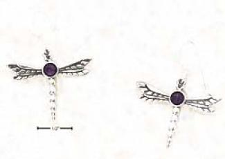 Sterling Silver Dragon Fly Amethyst Cab French Wire Earrings