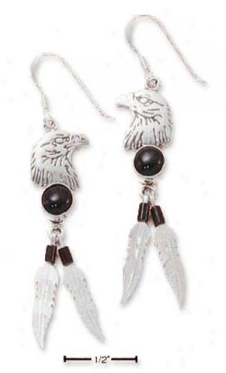Sterling Silver Eagle Head Earrings Onyx And 2 Feathers