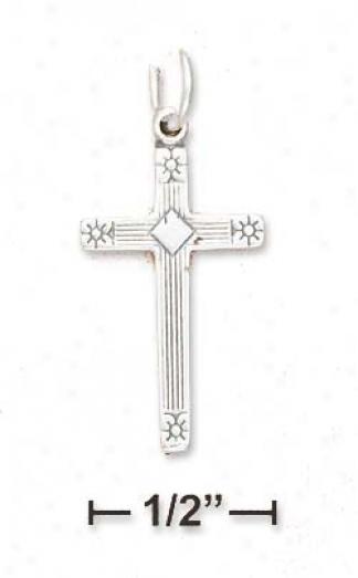 Sterlibg Silver Elined Cross Pendant With Etched Sun Tips
