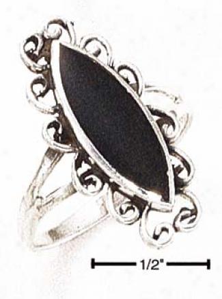 Sterling Silver Elongated Black Onyx Through  Fancy Scroll Ring